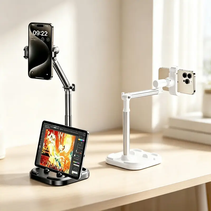 Aluminum Adjustable Cell Phone Stand, 360° Rotatable Telescopic Dual-Position Desktop Holder for Live Streaming, Overhead Shooting
