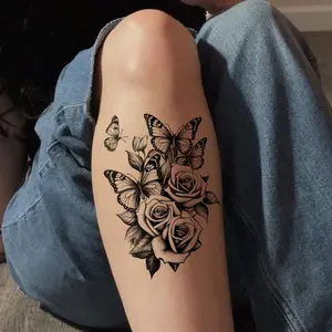 Realistic Rose Butterfly Tattoo Sticker, Waterproof Safe Non-Toxic Long-Lasting, Romantic Realistic Detailed Design for Arms Legs Clavicle