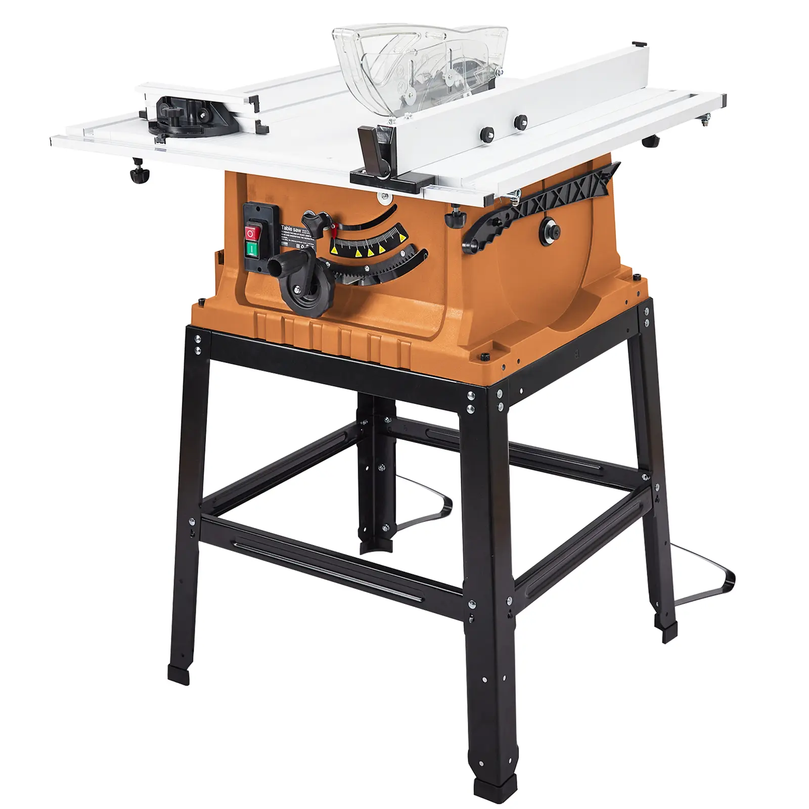 10 Inch 15A Table Saw, 5000RPM with Stand & Push Stick, 90° Cross / 0-45° Bevel Cut, Adjustable Blade Height for Woodworking
