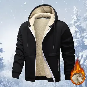 Men's Plus Size Solid Color Fleece Lined Zip-Up Hoodie Jacket Casual Warm Lambswool Coat with Letter Pattern Drawstring & Side Pockets Perfect Gift for Boyfriend or Husband Autumn Winter cotton