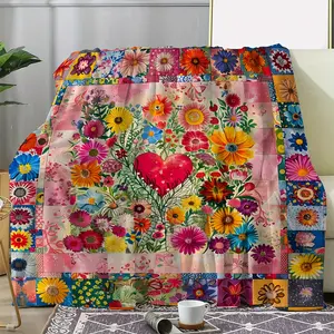 Vintage Floral Heart Throw Blanket, Soft Cozy Flannel Blanket for Sofa, Bed, Office, Travel, All-Season Multipurpose Knitted Polyester Throw with Colorful Flower Print, Digital Printing Craftsmanship, Ideal Gift for Any Occasion