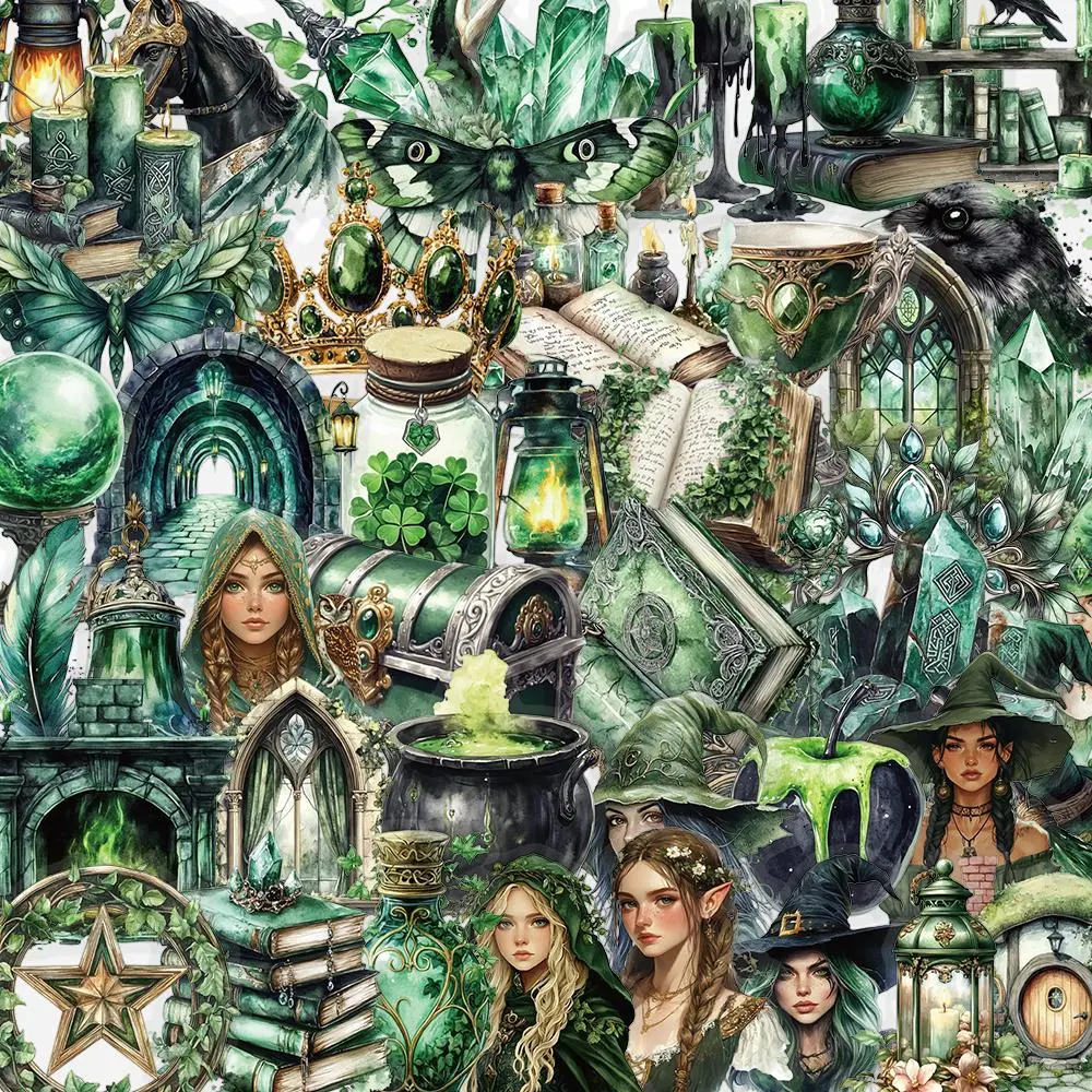 Forest Witch Pattern Sticker, 50pcs/set Waterproof Decorative Stickers Self Adhesive Decor Paper, Decor Sticker for Gift Greeting Card Water Bottle Laptop Phone