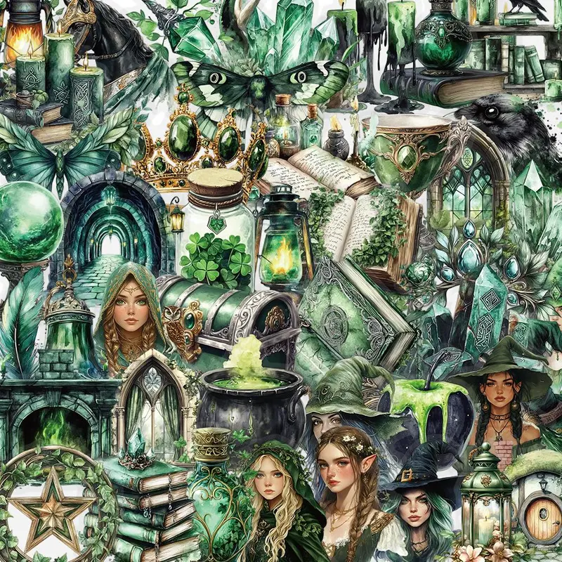 Forest Witch Pattern Sticker, 50pcs/set Waterproof Self Adhesive Decor Paper, Decor Sticker for Gift Greeting Card Water Bottle Laptop Phone Sticker Packs