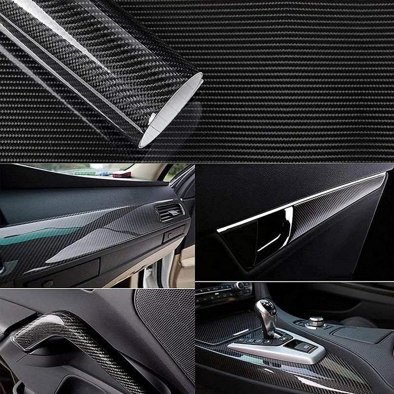 7D Carbon Fiber 5FT x 0.7 FT Vinyl Wraps with Cutter and Hand Tool Kit, Car DIY Wrap Vinyl Roll Film Self-Adhesive Twill Weave Sheet Sticker Air Release Technology, Car Internal and External Decoration Accessories 60 x 8 inch