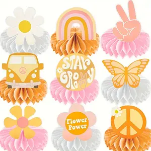 9pcs Groovy Hippie Boho Party Honeycomb Centerpieces, Retro Boho Rainbow Daisy Flower, Birthday Party Table Topper, Baby Shower Props
