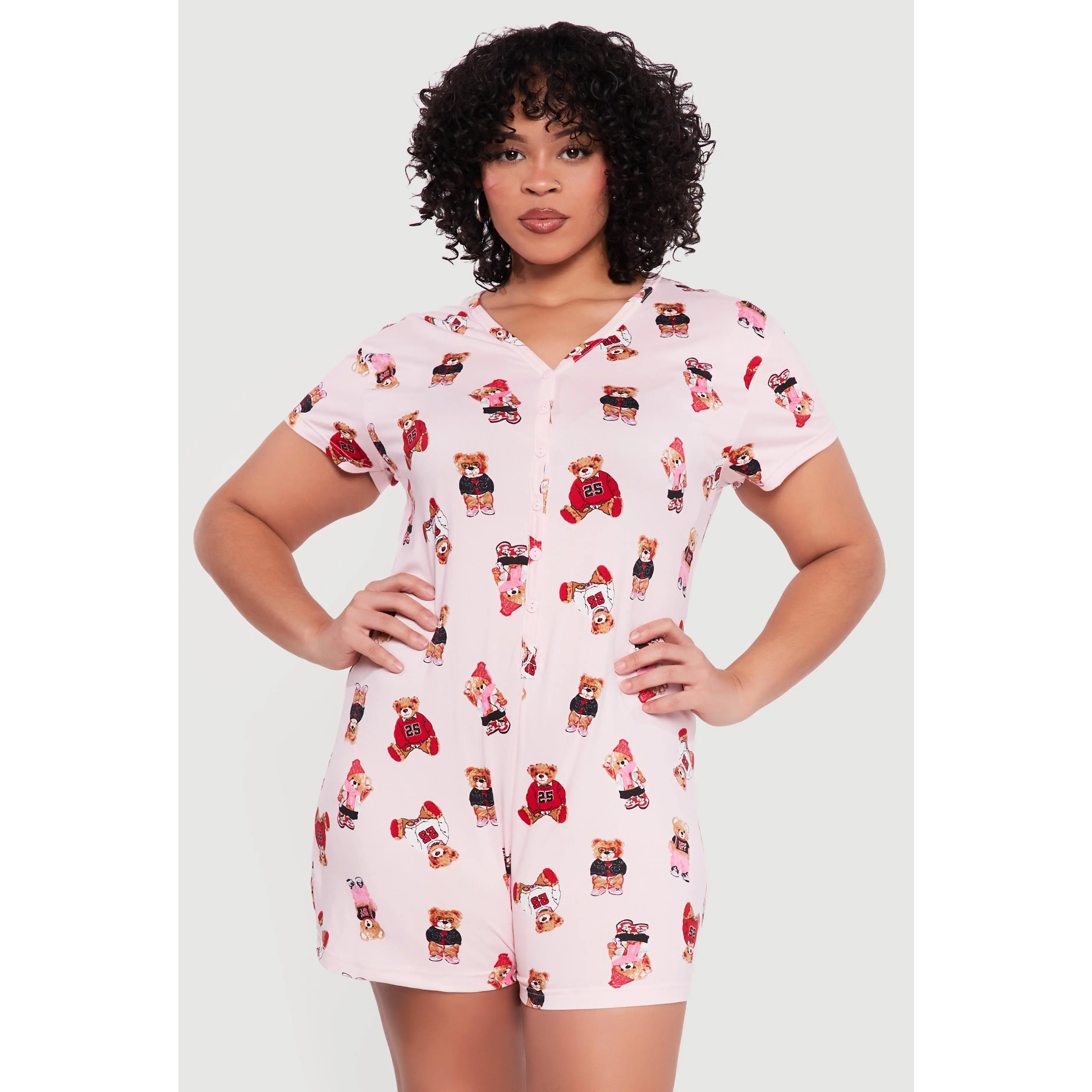 Plus Size Teddy Bear Print Pajama Romper