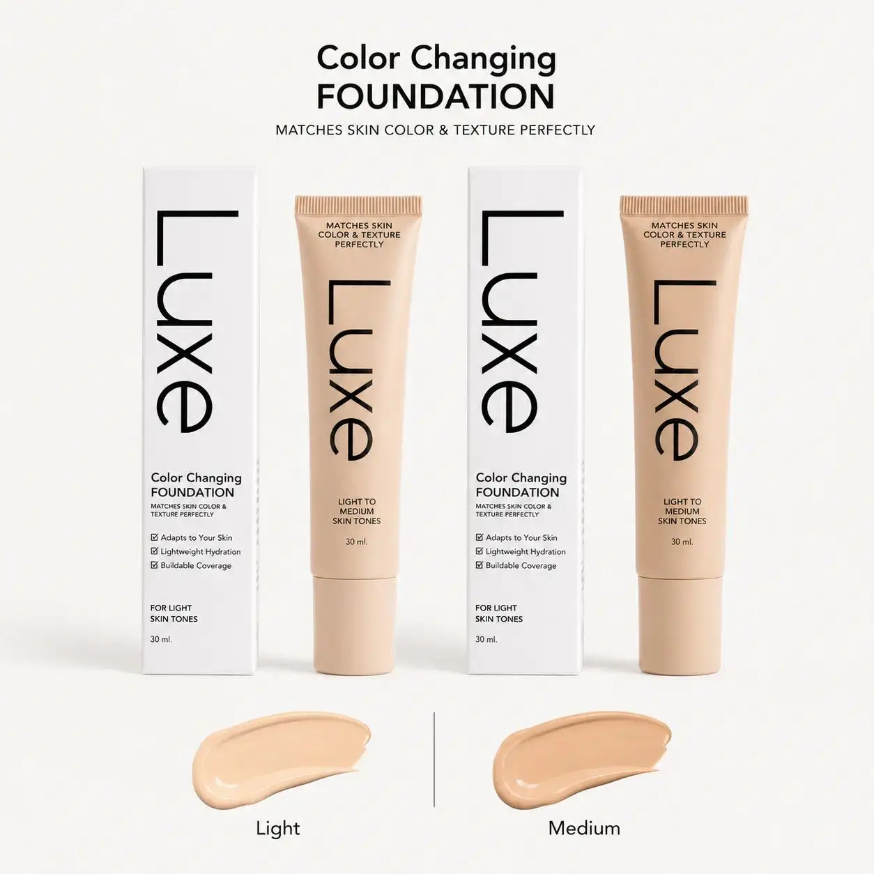 Luxe Color Changing Foundation, Adaptive Skin Tone Matching Liquid Foundation, Lightweight Hydrating Buildable Coverage Makeup, Natural Flawless Finish for Light to Medium Skin Tones, 30ml