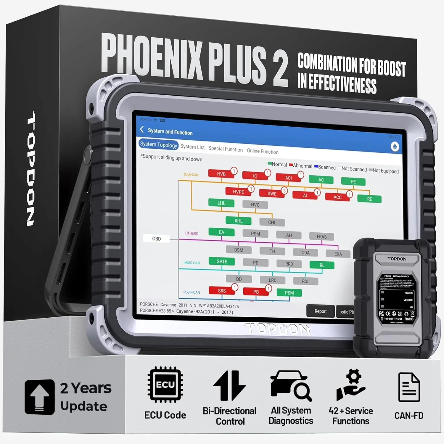 TOPDON Phoenix Plus 2 OBD2 Automotive Scan Tool - Bidirectional Tool with ECU Coding, Topology Map, CAN FD, Full System Diagnostics, 41+ Service Functions, 2 Years of Free Updates,father'sdaygifts