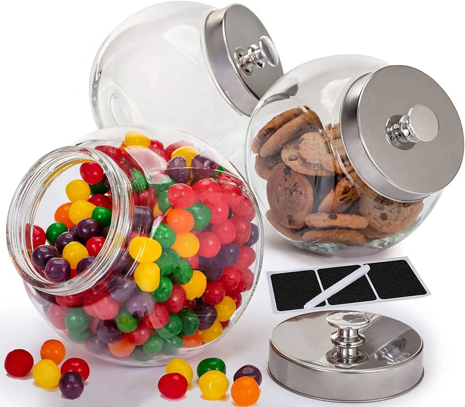75oz Glass Cookie Jars for Kitchen Counter (3 Pack) Airtight Food Storage Canisters with Lids, Marker & Labels for Candy, Coffee, Laundry Detergent