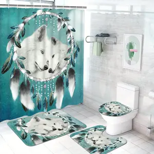 Wolf Pattern Bathroom Decorations, 4 Counts/set Including Shower Curtain & Toilet U-shape Mat & Bathroom Mat & Toilet Lid Cover, Bathroom Accessories