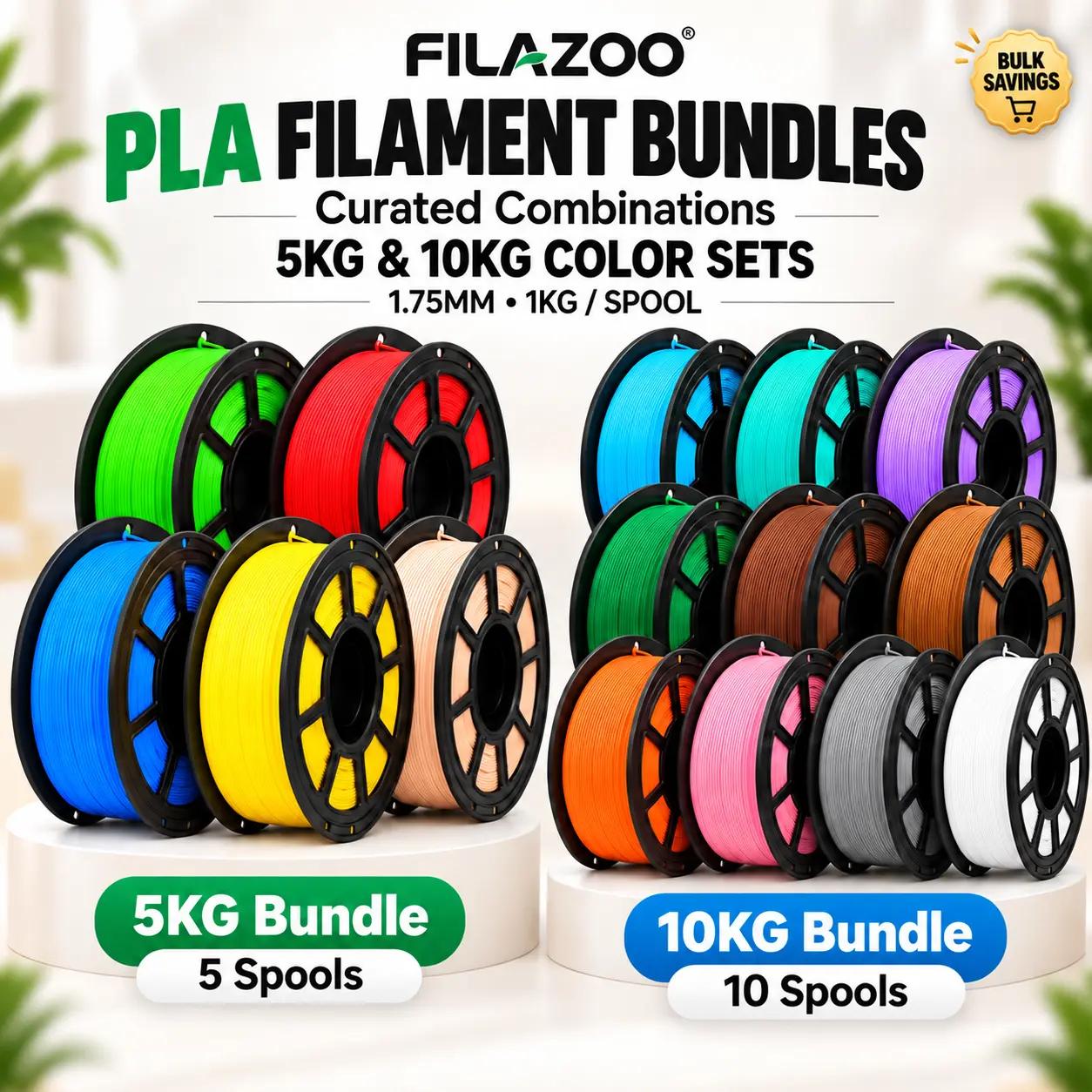 FILAZOO PLA 3D Printer Filament Bundle for 3D Users, 1.75mm, 1kg Spools, 5-Pack or 10-Pack Curated Multiple Colors Sets
