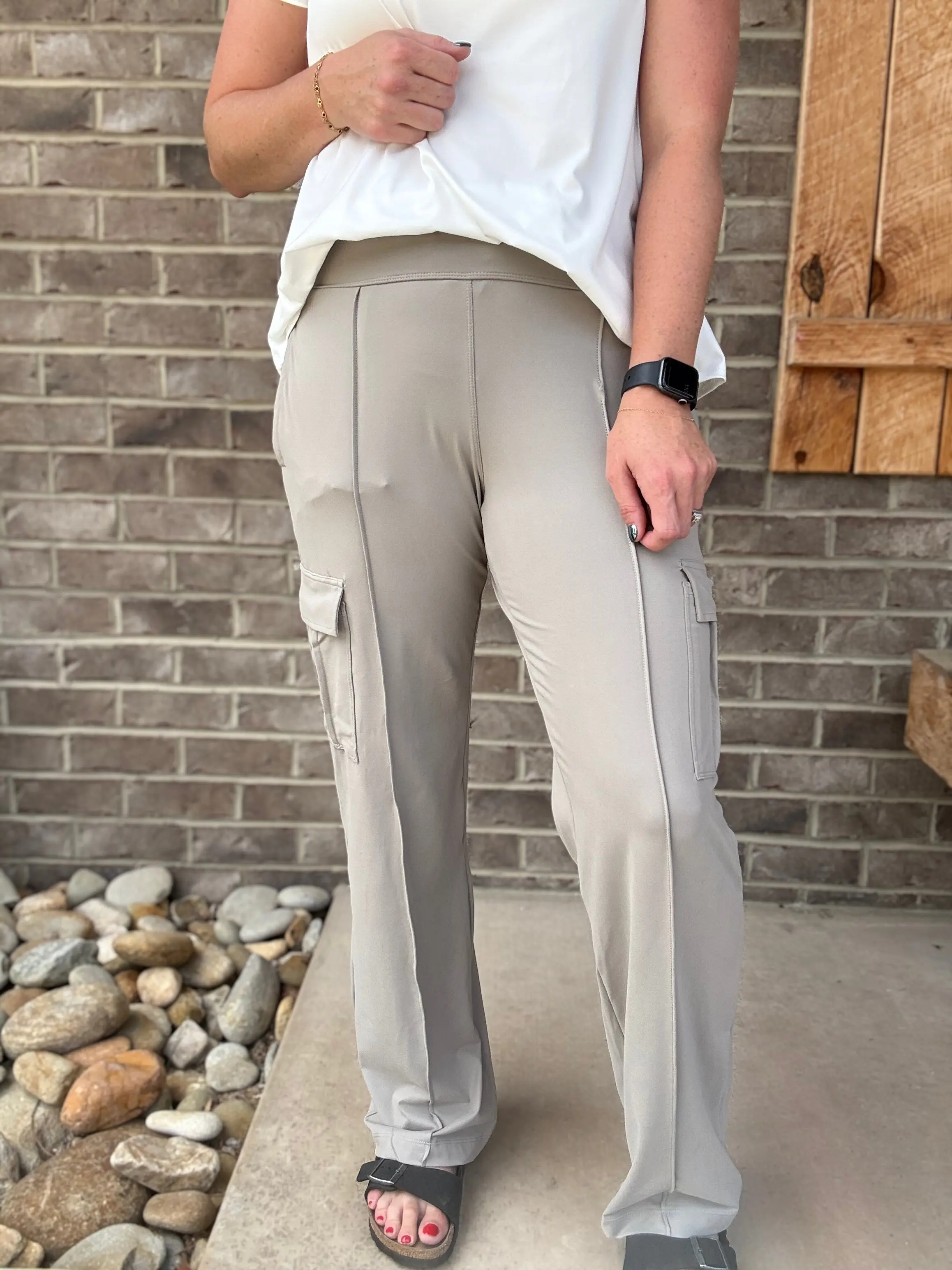 Stone Taupe Straight Leg Cargo Pants by Rae Mode