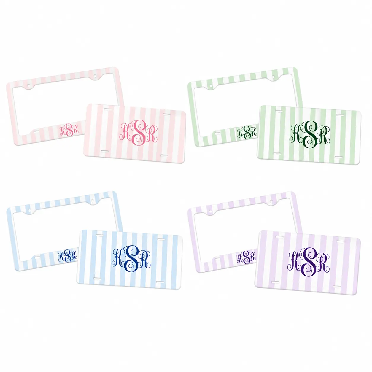 Monogram License Plate & Frame Set, Personalized Pastel Stripe Car Accessories, Custom Initials Gift