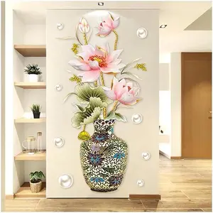 Chinese Style Lotus Flower Classical Vase Wall Sticker Pearl Living Room Art Wall Decals Home Entrance Backdrop Decoration