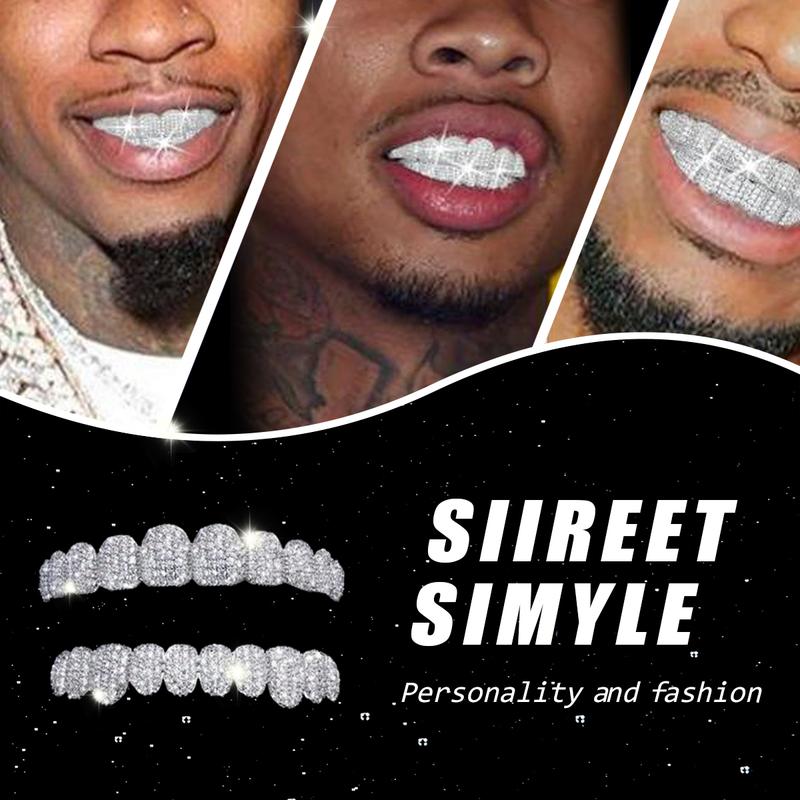 【Valentine's Day gift】MAYLOR Unisex Hip Hop Zirconia Teeth Diamond Grillz,Designed to sit over your teeth, not custom-molded, Cubic Zirconia Grillz for Men & Women, 10 Teeth Top and Bottom Punk Dental Jewelry Gift