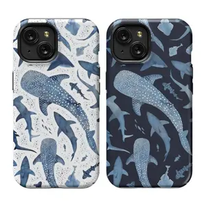 Monochrome Blue Watercolor Shark Ocean Phone Case Rock Aesthetic Cover Compatible with iPhone X, 11, 12, 13, 14, 15, 16, 17 Plus Pro Promax & SS Galaxy S21-25 Series