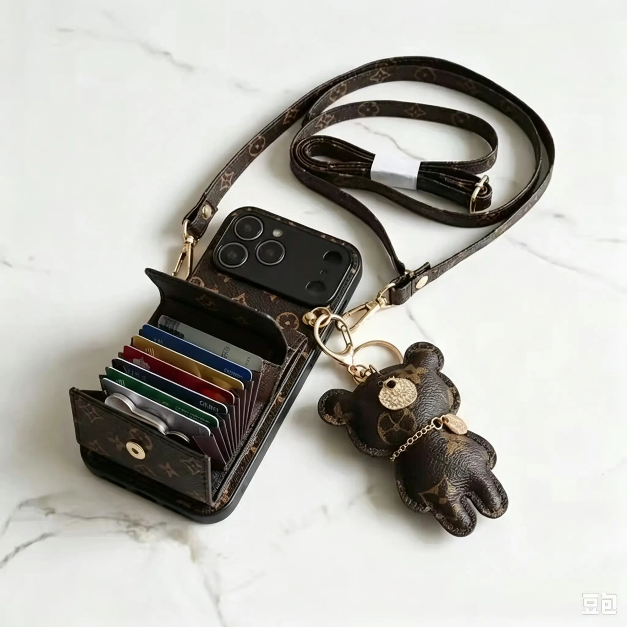 For IPhone 17 Pro phone case Cute teddy bear design phone case  Crossable long shoulder strap integrated card bag design phone case