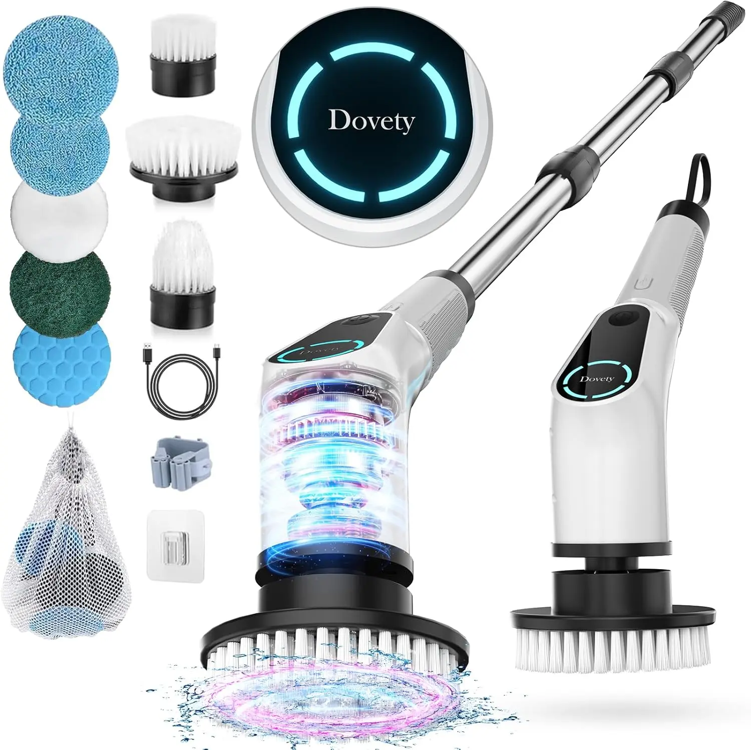 Dovety Electric Spin Scrubber with 8 Replaceable Brush Heads 2 Adjustable Speed Extension Handle Multiple for Bathroom, Kitchen, Tub, Tile, Floor, Toilet, Household Cleaning Supplies Kitchen Accessories