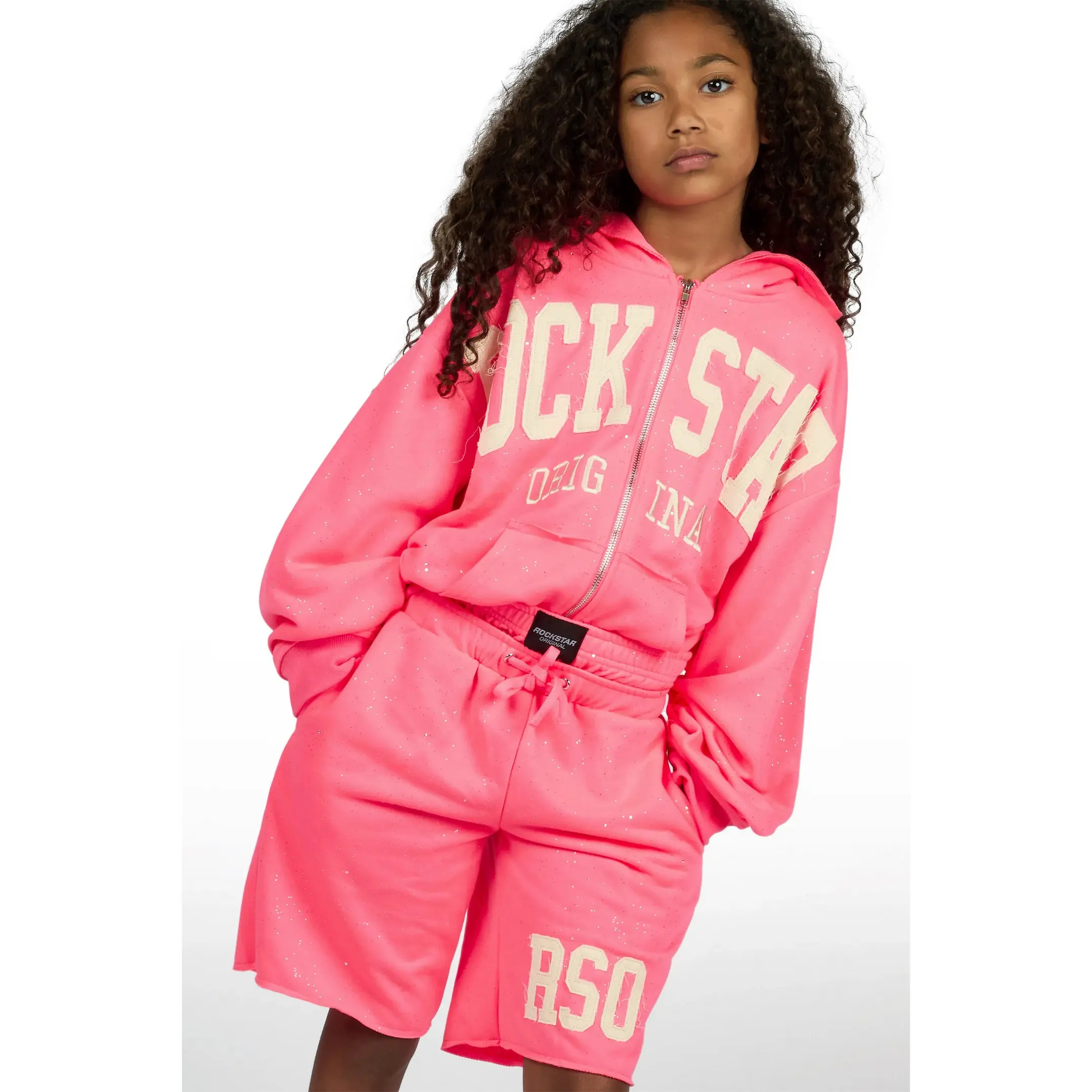 Girls Akilana Pink Glitter Hoodie Double Waisted Short Set