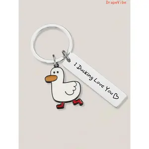 Cartoon Duck Pattern Round Keychain Letter Printed Cute Fashion Pendant Stylish Daily Accessory Suitable For Men Women And Duck Lovers