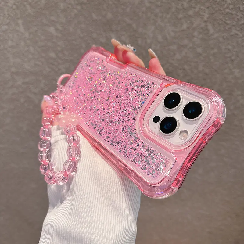 Wrist Strap Lanyard Case For iPhone 17 AIR 16 16E 15 14 13 12 11 Pro Max 16 Plus Gradient Glitter Bling Transparent Shockproof Armor Cover Phone Charm
