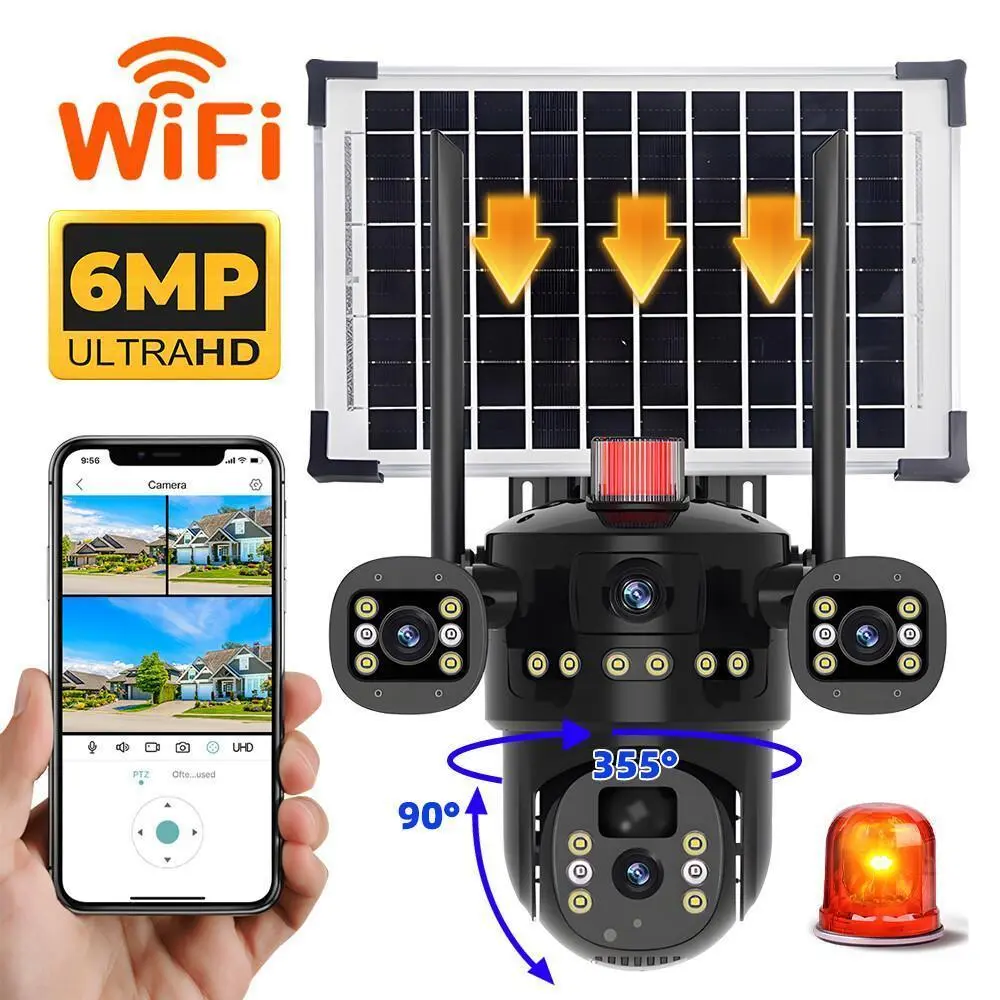 【BackToSchool】Wireless WiFi Outdoor Pan-Tilt Home Security Camera System with 3 Lenses, Solar Battery Power, Waterproof Protection, Easy Installation, Recording & Lights, Ideal Valentine’s Day Gift, Water Proof