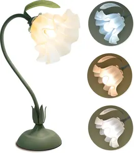DIY Vintage Flower Lily Table Lamp Creative LED Reading Bedside Night Light 3 Color Modes Gooseneck Desk Lamp Soft Light For Bedroom Living Room