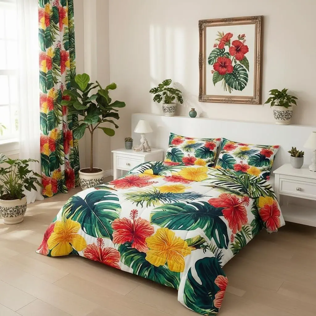 Tropical Leaves Kids Comforter Set,Watercolor Palm Leaves Bedding Comforter Set Seaside Hawaii Quilt Set,for Women Adult Bedroom Decor,Rustic Botanical Duvet Insert