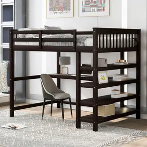 [Bellemave]Twin/Full Size Loft Bed with Storage Shelves and Under-bed Desk, Espresso(OLD SKU:SM000246AAP-1)