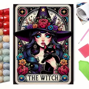 5D Diamond Painting Kit - Tarot Card Style Witch with Black Cat, Mystical Boho Floral Art, DIY Wall Decor for Bedroom, Perfect Gift for Fantasy & Witchcraft Lovers, Full Drill Crystal Craft Set