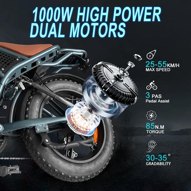 【Christmas Gift&DEEPOWER Ebike】Electric Bike for Adult, 1800W Peak Electric Dirt Bike, 37MPH, 100 Miles(PEDAL-ASSIST), 7 Speed Electric Motorcycle, 48V Removable Battery, 20" Fat Tire Off Road Ebike, All Terrain for Mountain, Sand, Road