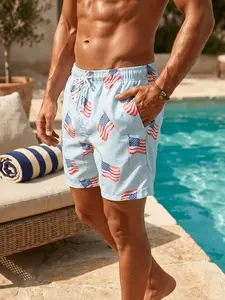 Men's American Flag Print Beach Shorts - Street Style Loose Fit Swim Trunks with Pockets, Machine Washable Lightweight Fabric for Summer Poolside & Casual Outings, Nontransparent Material