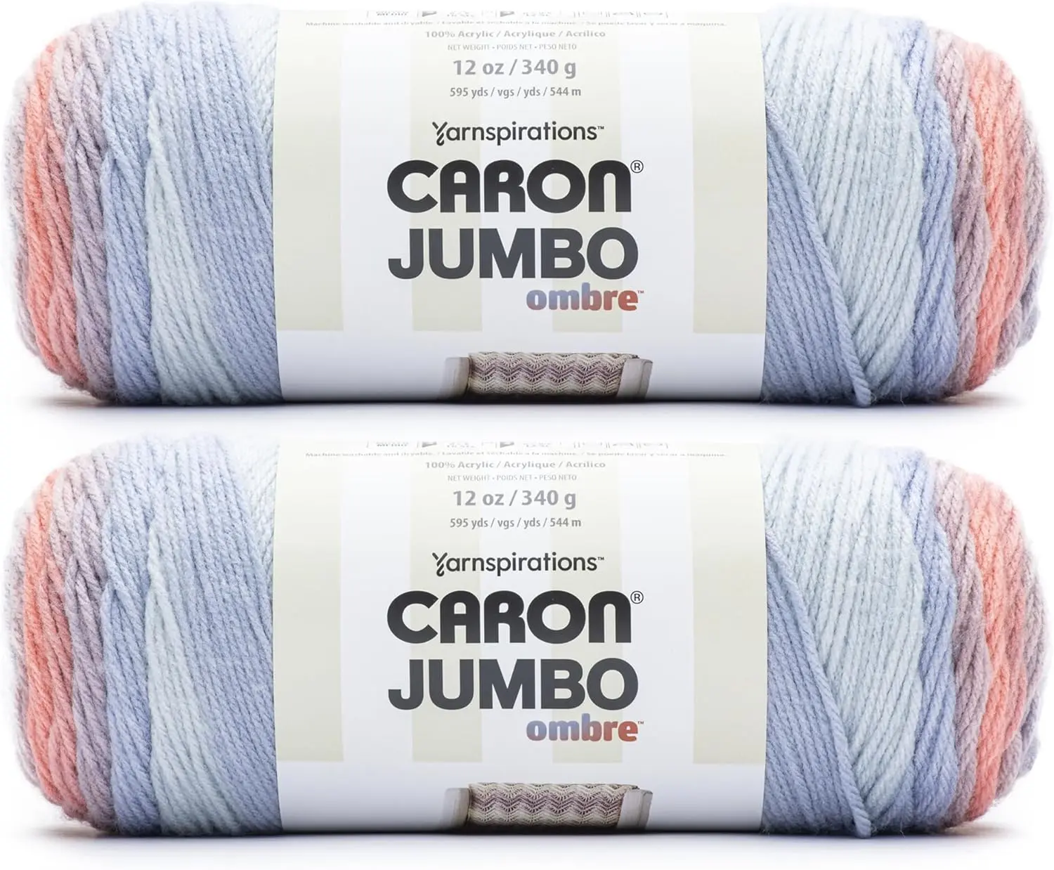 Caron Jumbo Ombre Blush and Blue Yarn - 2 Pack of 12oz/340g - Acrylic - #4 Worsted (Medium) - 595 Yards - Knitting & Crochet