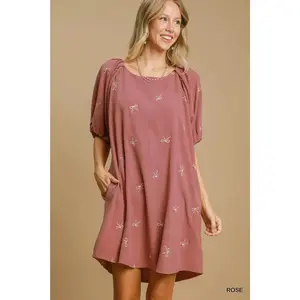 Umgee Rose Linen Blend High Low Dress with Bows