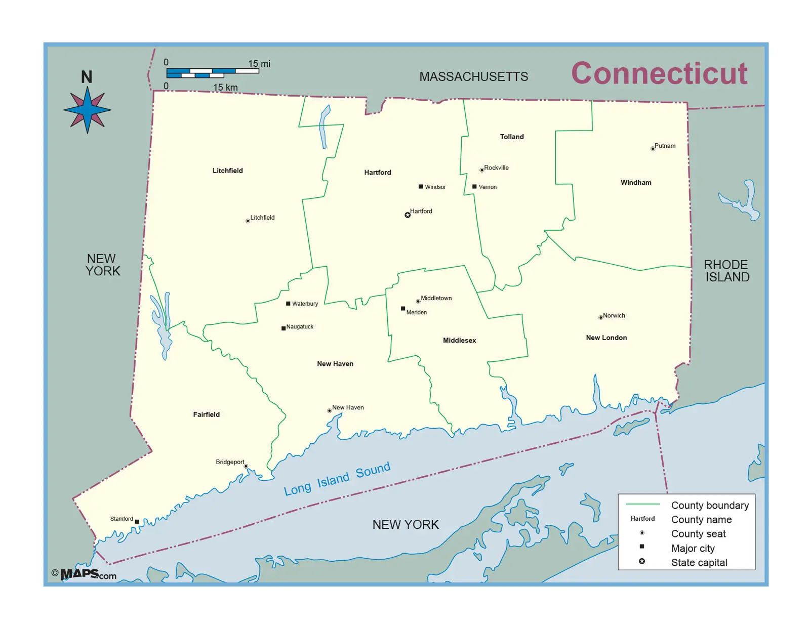 Connecticut County Outline Wall Map