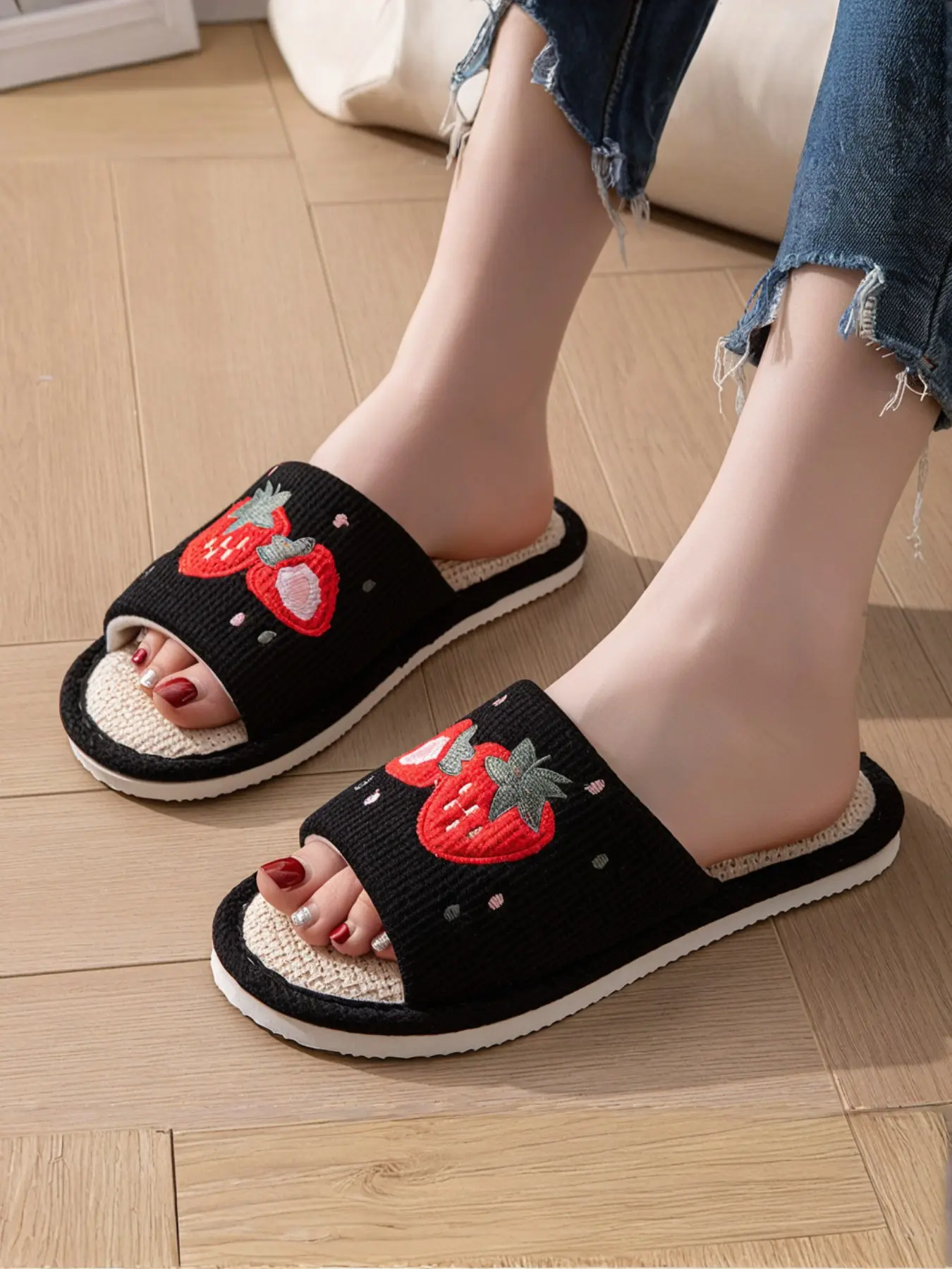 Women's Strawberry Open-Toe Slippers, Home Non-Slip Soft Sole, All-Season Warm Cotton Slippers, Casual Fall & Winter Footwear, Casual Slipper Shoes