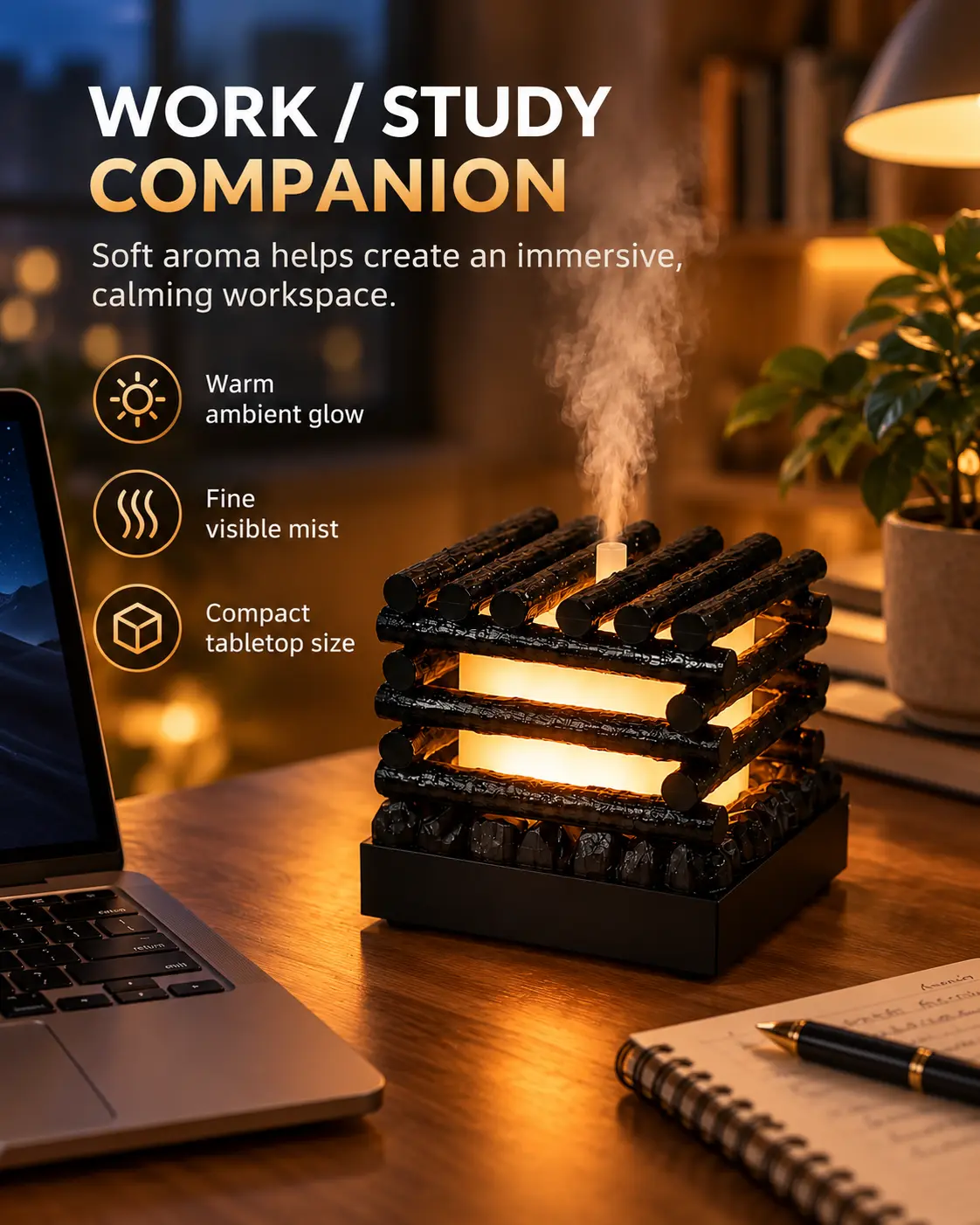 Campfire Aroma Diffuser with LED Mood Light, Essential Oil Diffuser with Mist, Decorative Mini Fireplace Humidifier for Bedroom, Office, Desk and Living Room