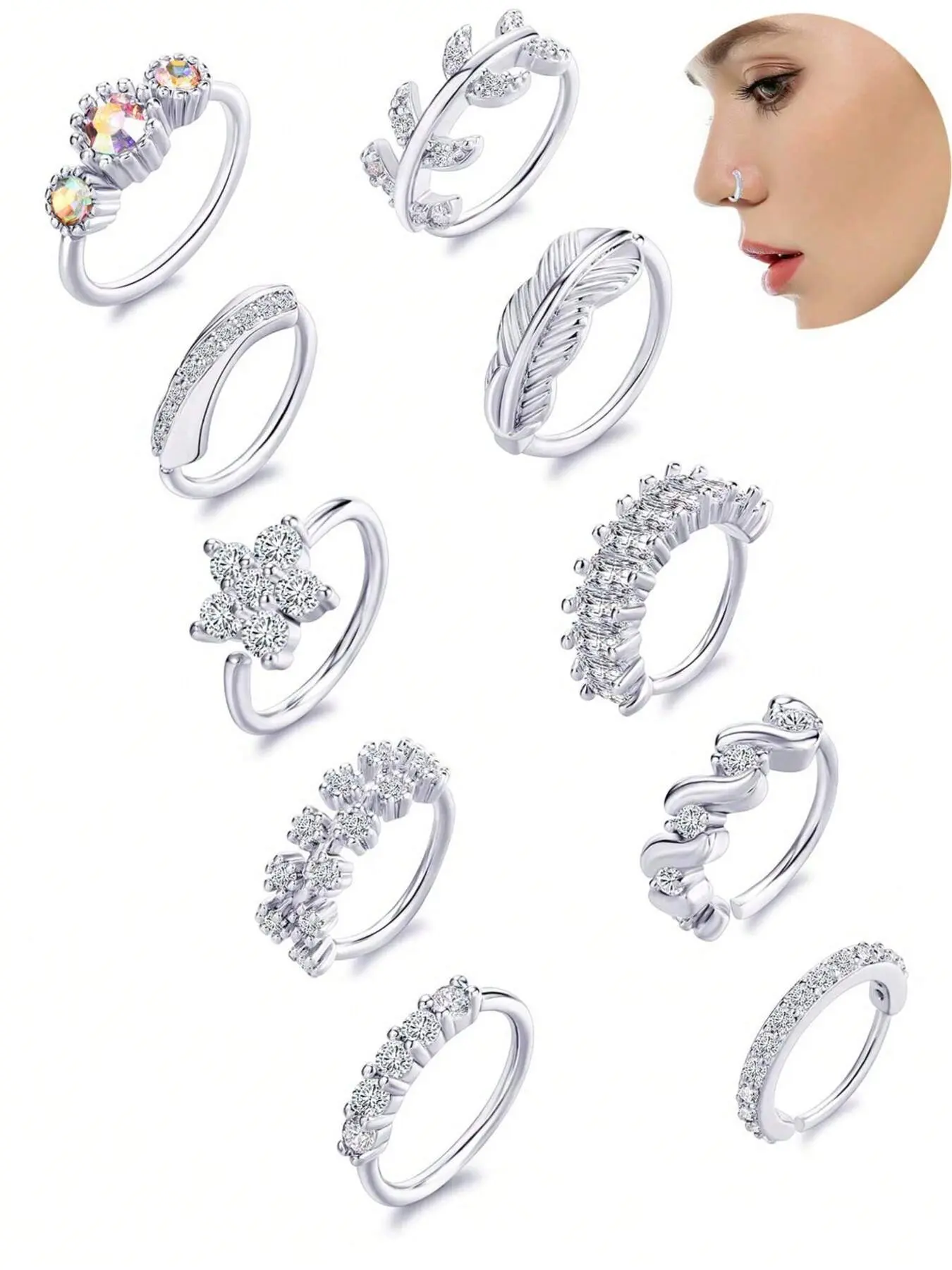 10 Piece Nose Rings Set, Nose Jewelry, Fun Fashion Elegant Style, Feather Pattern, Shiny Emerald Gem, Inner Diameter 8mm, 20g, Hypoallergenic, for Women & Girls
