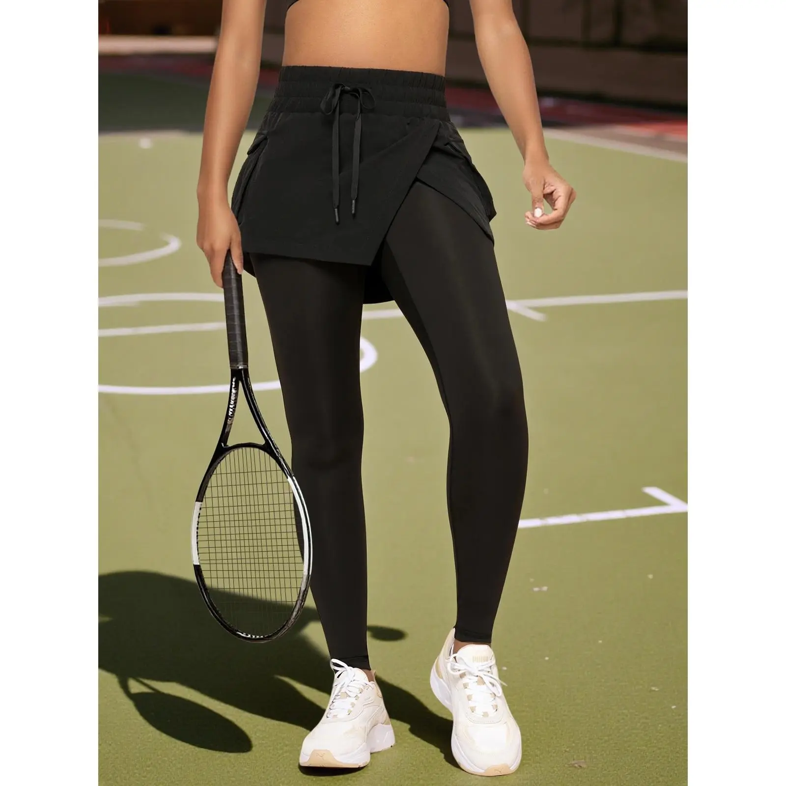 FISOEW Women's 2-in-1 Skirt Overlay Leggings, Drawstring High Waist Cargo Pocket Tennis Skort, Athleisure Bottoms, Casual Sports Bottoms, High Elastic Activewear