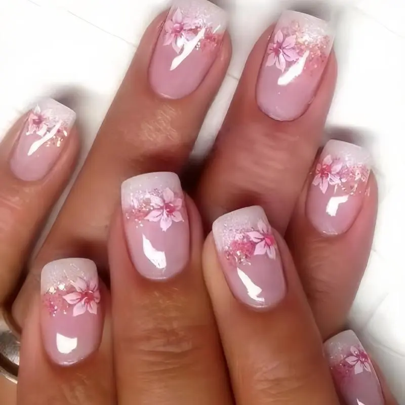 Rose Petal Pattern Fake Nails Set with Nail File & Tape, 24pcs/box French Style Square Press on Nails for Women & Girls DIY Nail Art Flower Design Nails