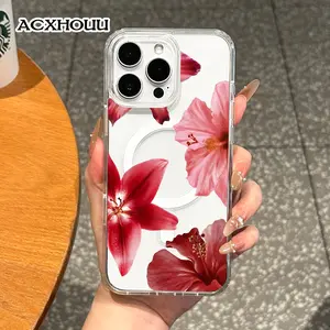 Magnetic Coquette Case for iPhone 17 16 E Pro Max 15 Plus 14 13 12 11 XS XR, Pastel Red Lilies and Hibiscus Design | Shockproof, Girly, Stylish, Silicone, and Trendy Protection