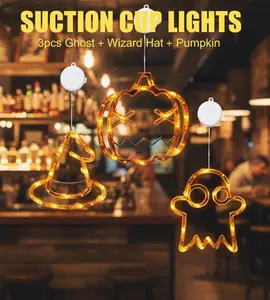 3pcs Halloween Window Decorations Battery Operated Ghost Wizard Hat Pumpkin Suction Cup Lights for Indoor Windows