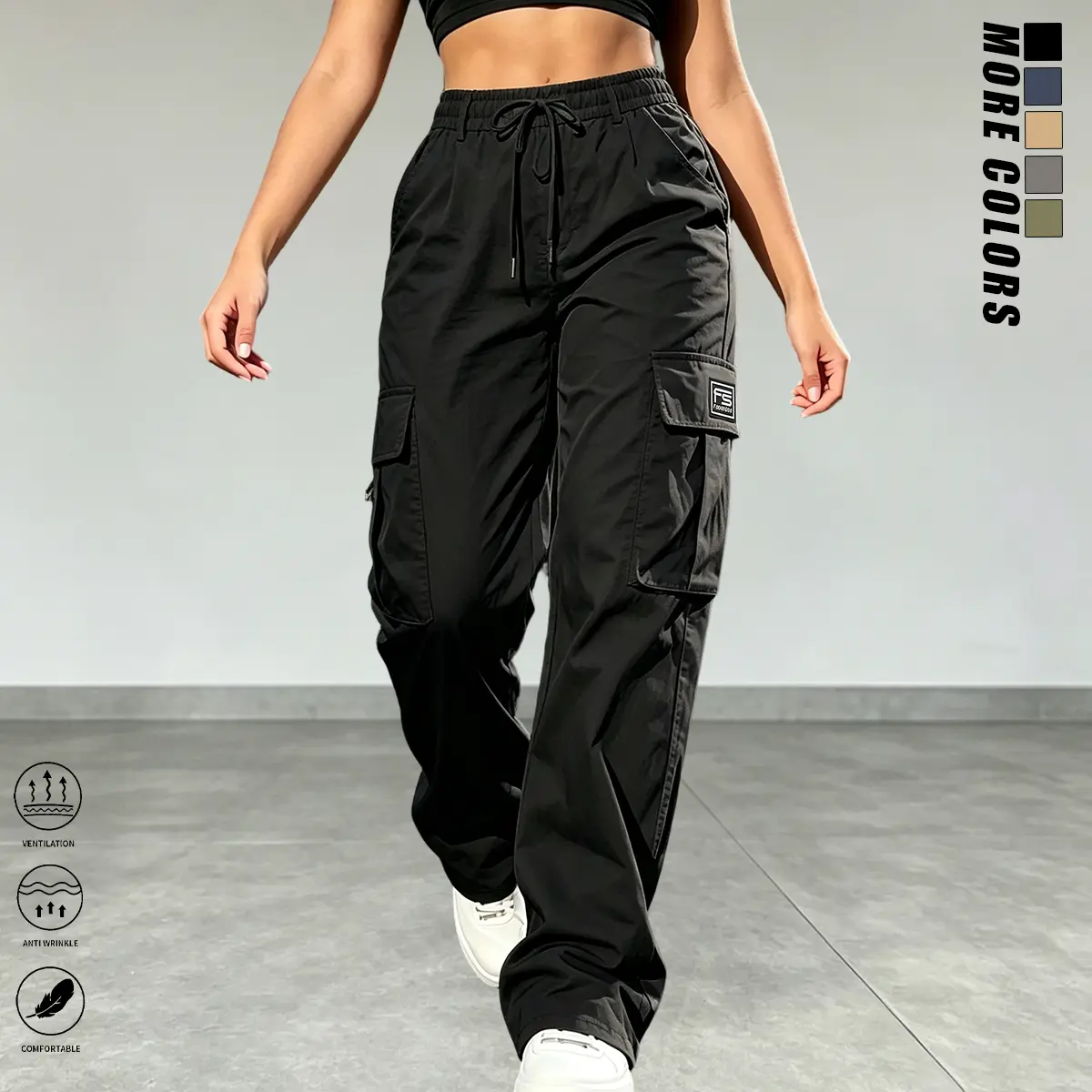 Women’s cargo pants: casual, elastic waist, Bohemian minimalist basic women’s trousers with pockets; suitable for summer outfits, vacations, and beachwear; sporty casual style; comfortable loose fit; casual drawstring high-waist pants; loose and comfortab