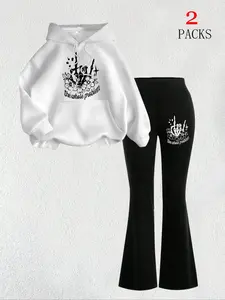 Women's Floral Skeleton Skull Graphic Warm Jersey Sweatshirt + Slim Fit Comfortable Flared Bell Bottom Pants Set, Casual Fall Winter Outfit