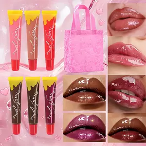 6-Color Mirror Shine Lip Gloss Set with Pink Heart Gift Bag | High-Shine Non-Sticky Lip Glaze, Moisturizing Tinted Lip Gloss Kit, Candy Scented Cosmetics, Valentine‘s Day Present for Her, Birthday Gift for Teens Women