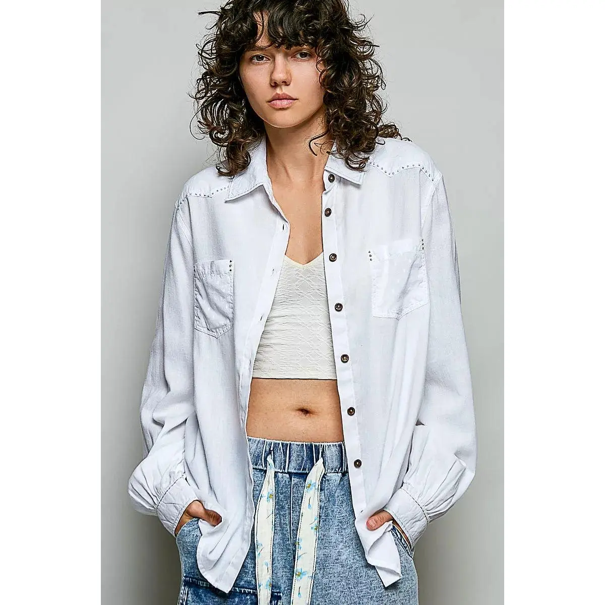 POL Washed Textured Cotton Western Button Front Shirt