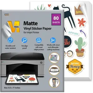 Printable Vinyl Sticker Paper for Inkjet Printer - Self Adhesive Matte  Sticker Paper - 80 Sheets 8.5x11 - Easy Cut & Peel,  Sticker Printer Paper for Crafts, Labels,