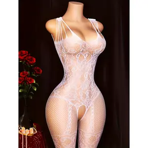 [Women's Lingerie Set] Sexy White Bralette Lingerie for Women - Stretchy One-Size Fabric - Includes Fishnet Underwear, Jacquard Net Stockings, Full-Body Suit, Long Net Stockings, High-Waisted Open-Back Dress, Form-Fitting Dress, and Pajamas