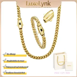 【Set】LuxeLynks 14K Gold-Plated 6MM Oval Square Link Chain Necklace & Bracelet Set| Waterproof, Hypoallergenic| Christmas Gift