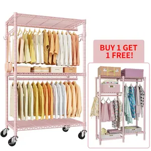 【Buy 1 Get 1 Free】Heavy-Duty Rolling Clothes Rack P1 Portable Wardrobe with Wheels for Hanging Clothes Organiser,Hold 500lbs Hangable Black Closet Storage System Adjustable Standing Shelf Folding Trolley Cart